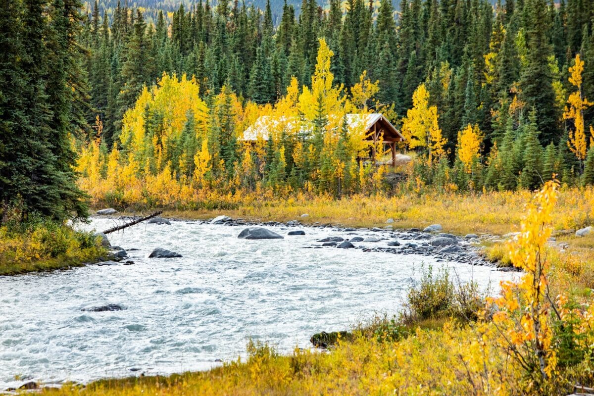 Scenic view of a house at Savage river in Denali national park at fall during sunset