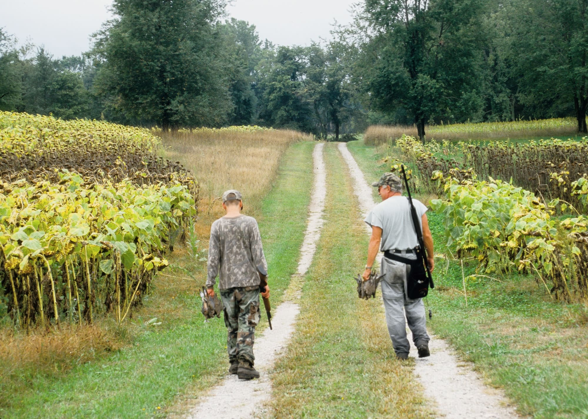 A pair of hunters walking after a successful dove hunt