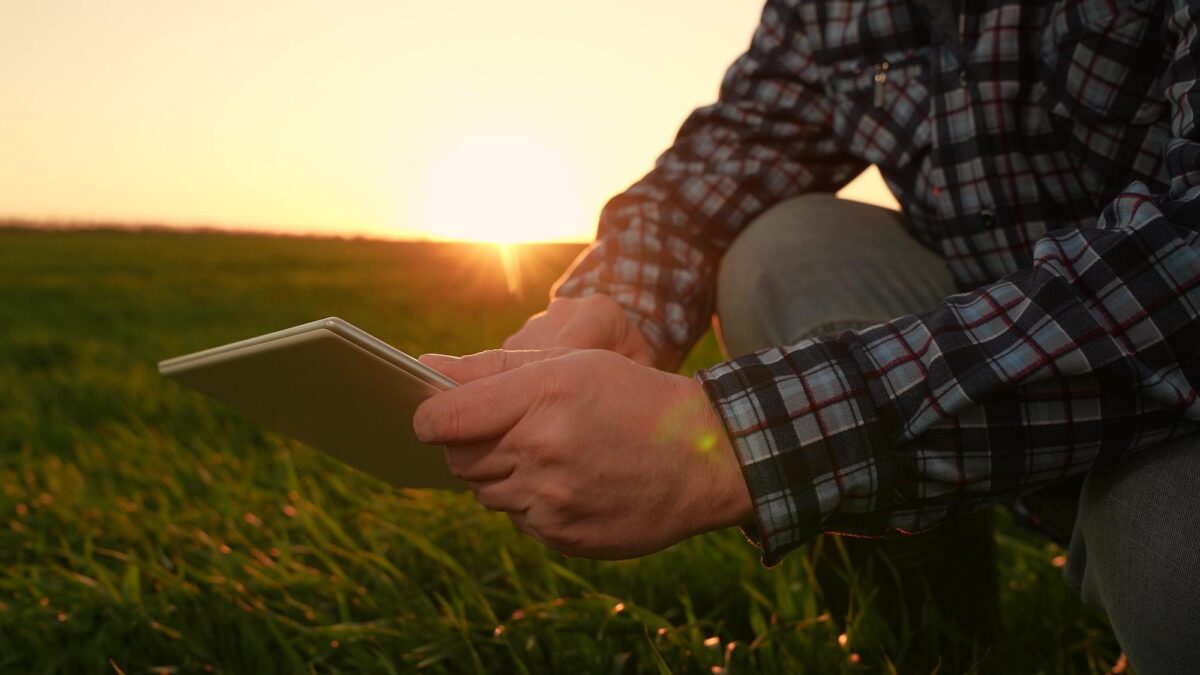 man bending down in a field with an ipad demonstrating farm appraisal season
