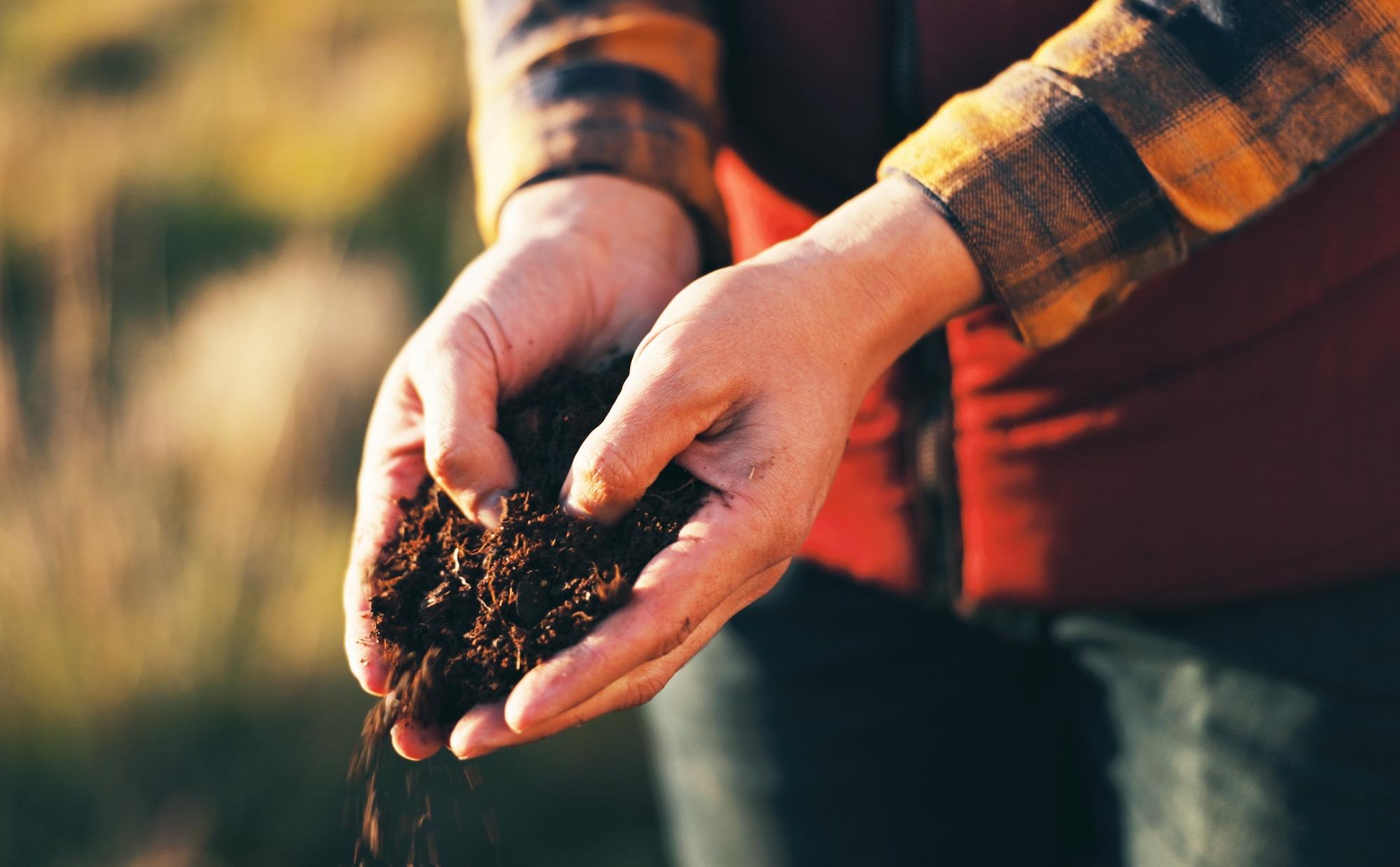 a farmer in a vest and fleece holding rich soil