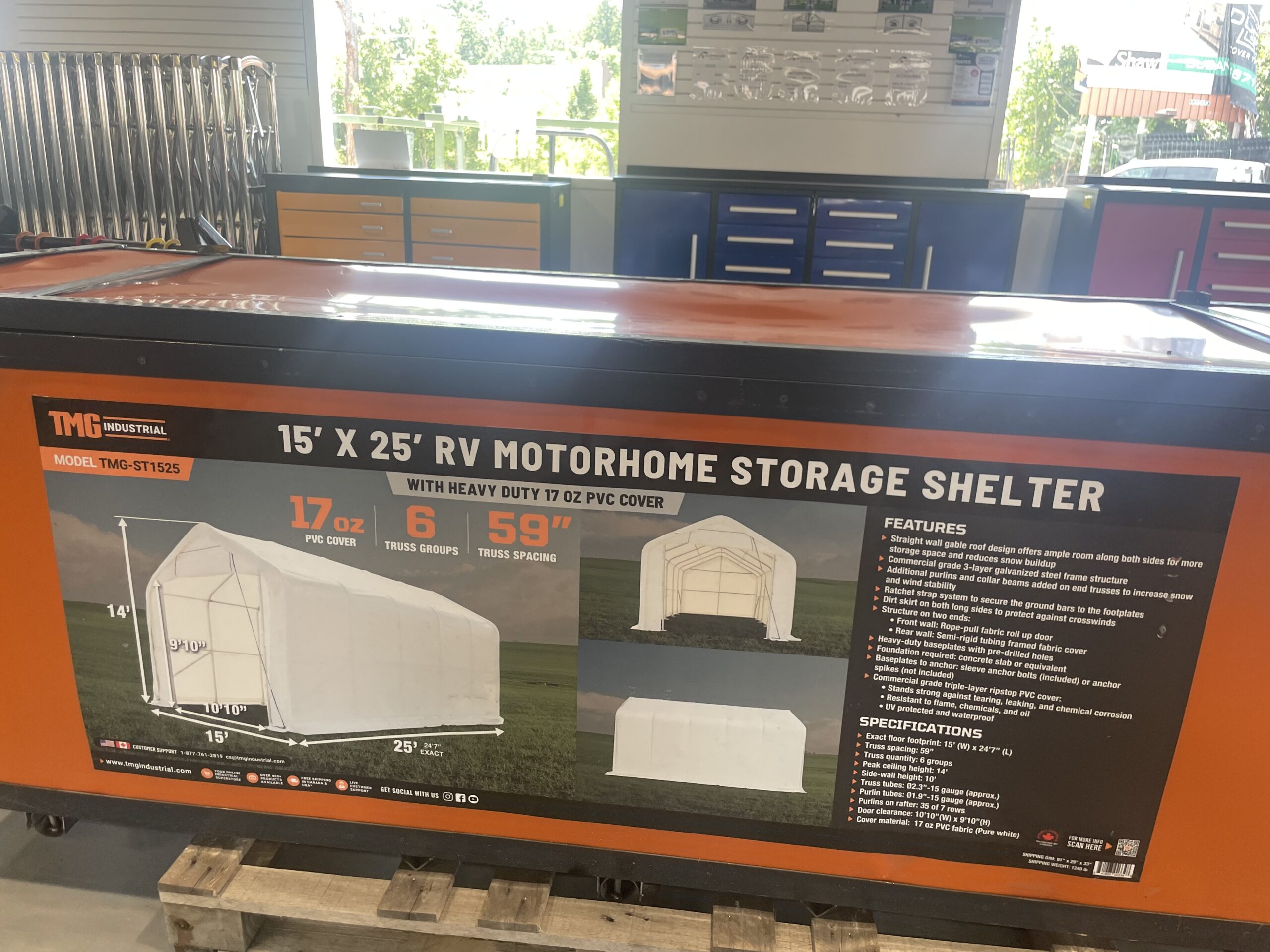 Thumbnail image of a 15 x 25 RV/Motorhome Storage Shelter, 17 oz PVC Fabric Cover