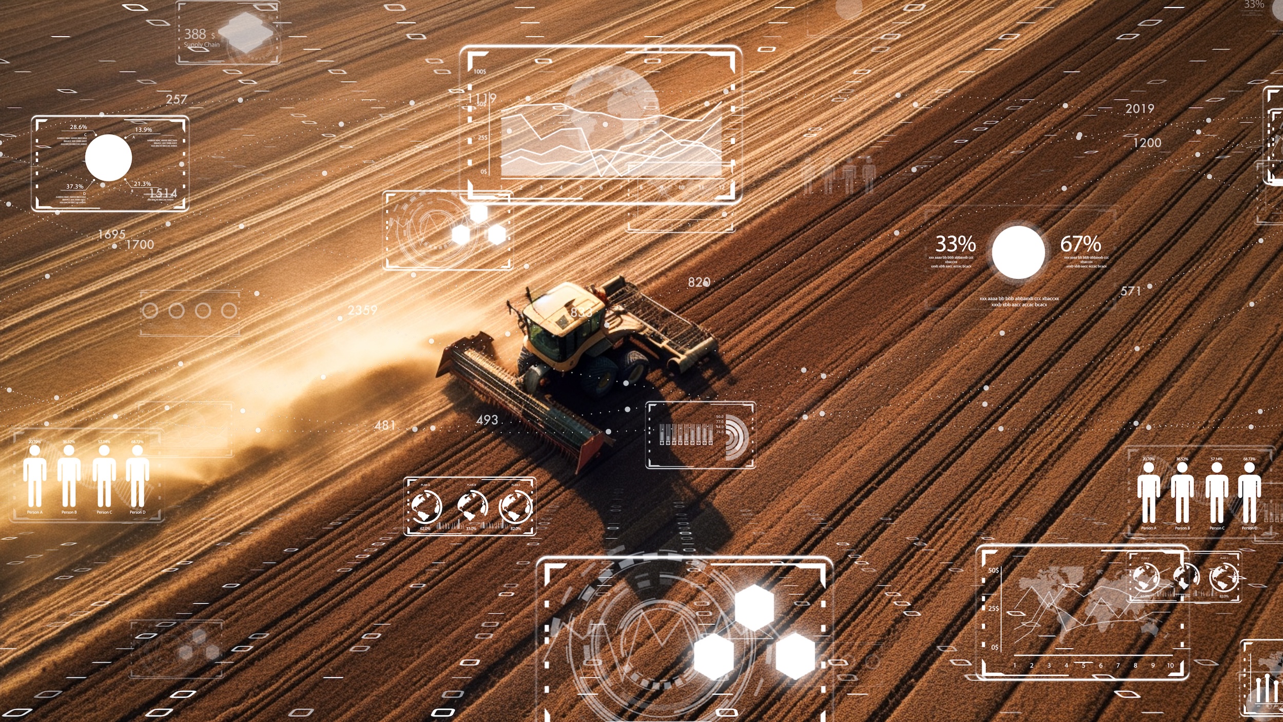 example of precision agriculture industry trends with a tool that showcases the tracking of farm metrics and efficiency laid over an image of a combine driving through a field