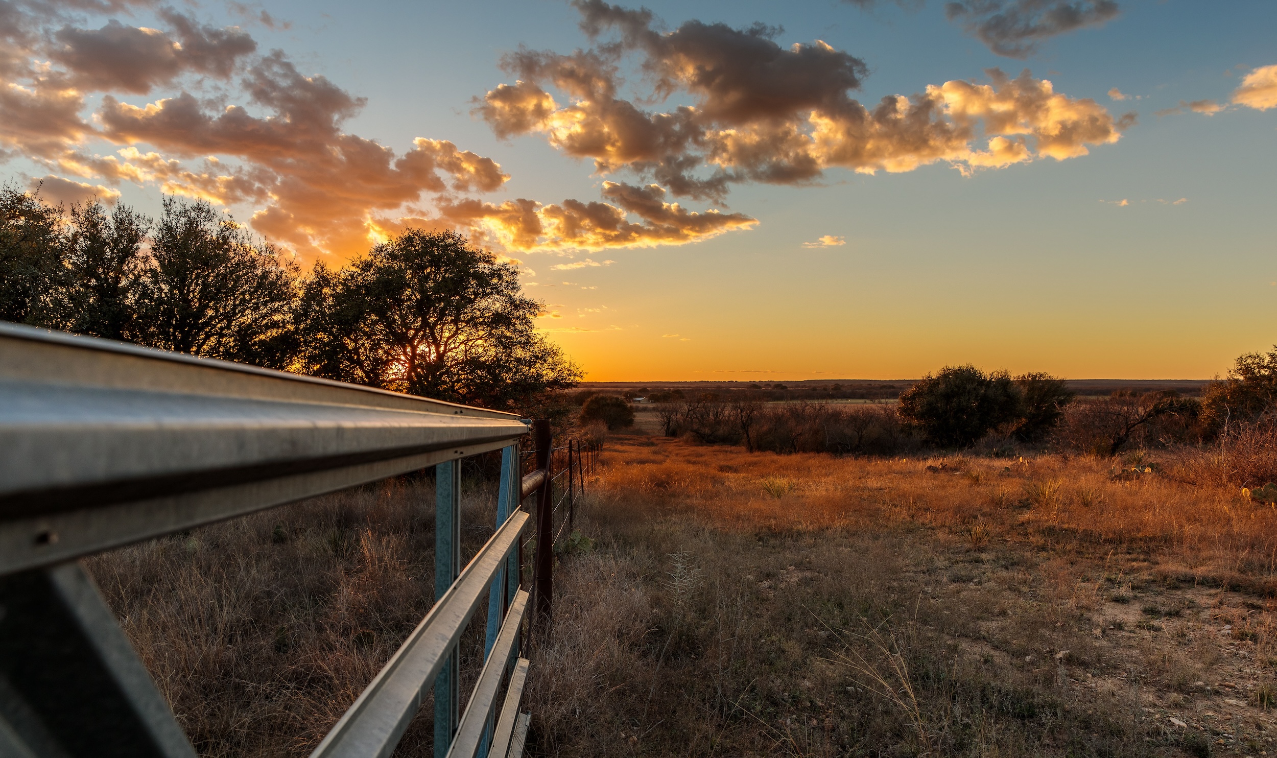 the open pasture of a ranch at sunset with a foreground view of the property fencing line