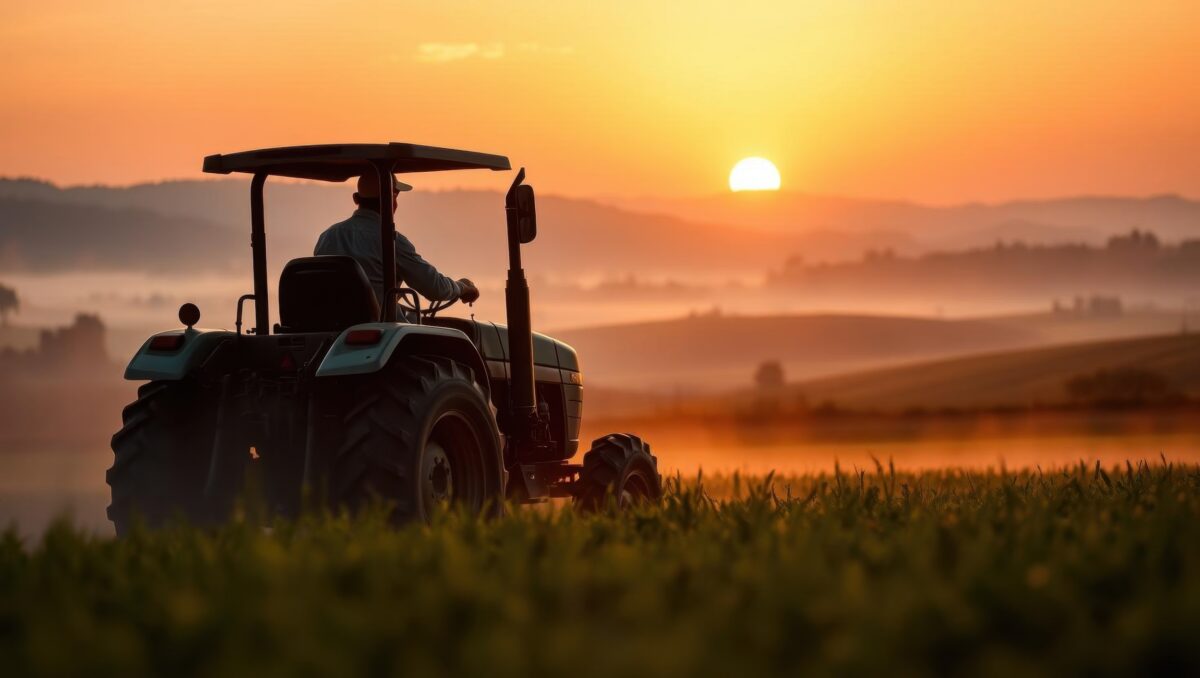 man driving his utility size tractor through a field at sunset