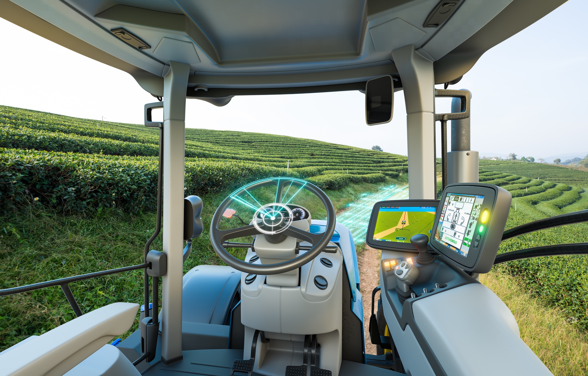 driverless autonomous tractor self driving and steering though rows of plants