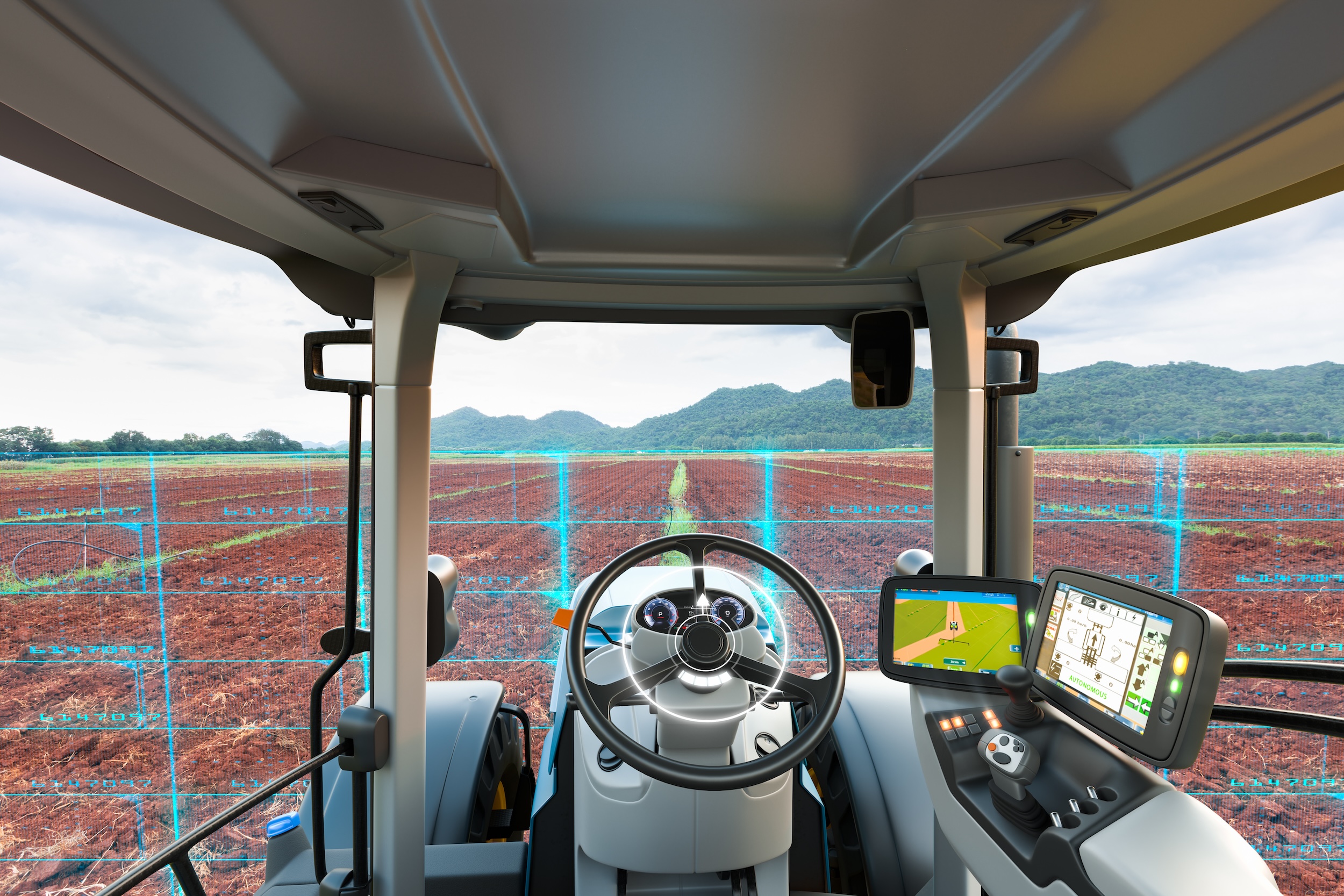 view of precision lasers from the interior of the cab operated by a driverless autonomous tractor