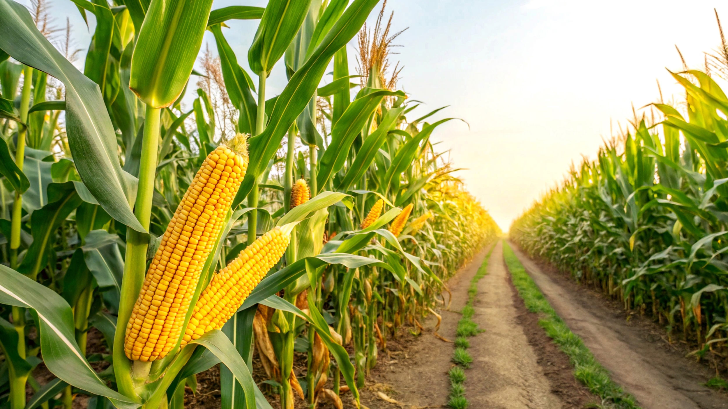 row of corn on green stalks on a farm