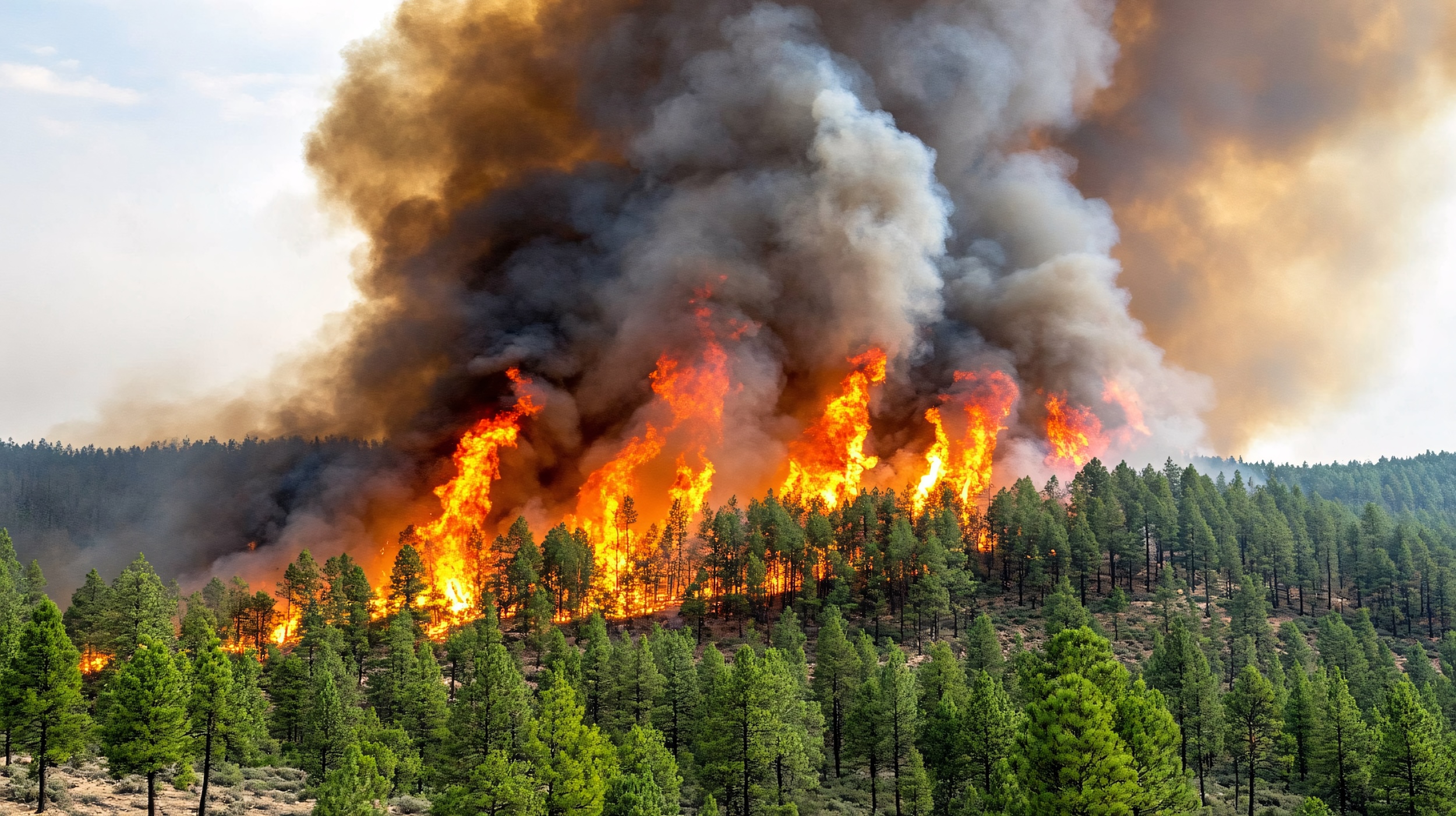 smoke rising from a wildfire in a densely forested region