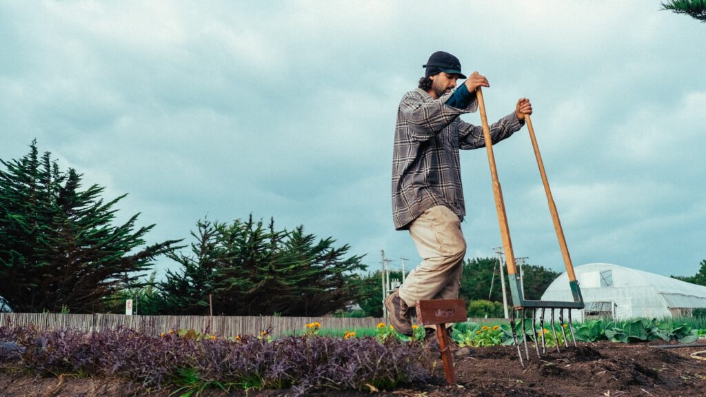 man using a broadfork as a piece of equipment on his no till farming operation