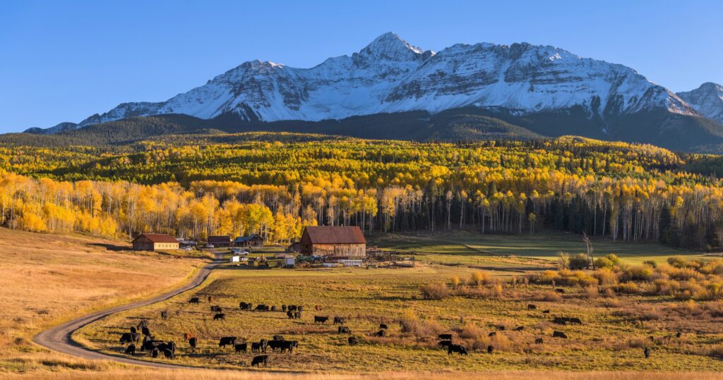 cabin on rural land in the San Juan mountains with a snow covered mountain range in the background