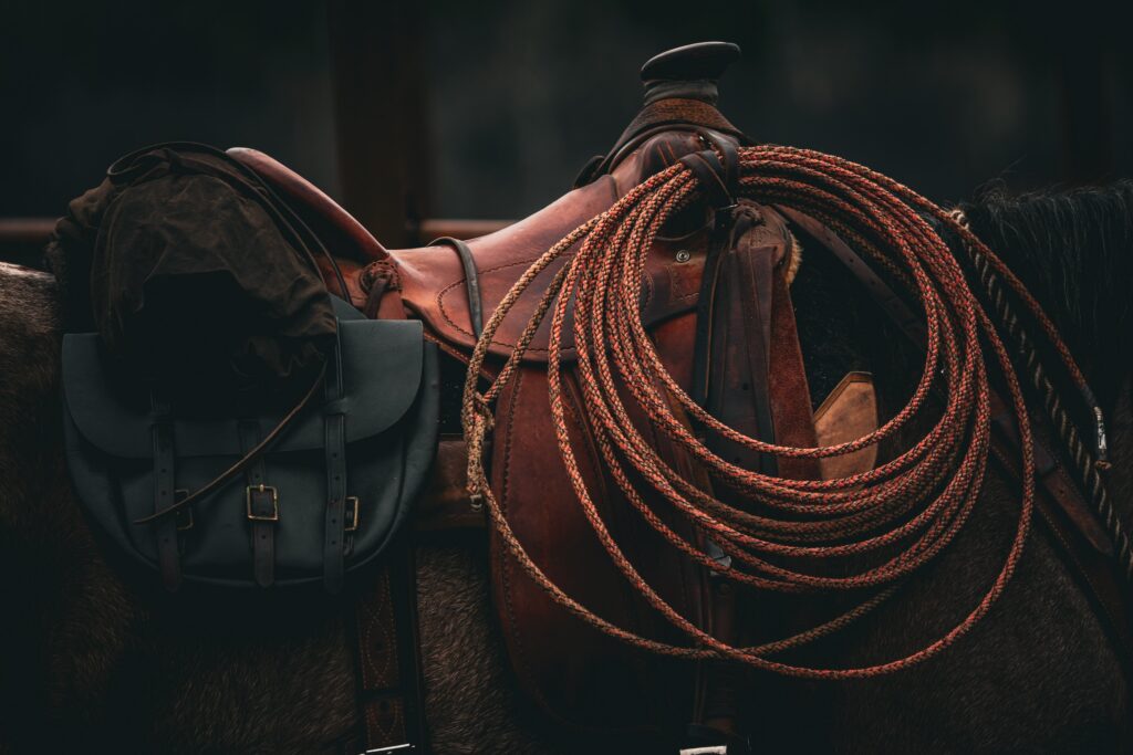horse riding equipment including a saddle, a rope, and a bag