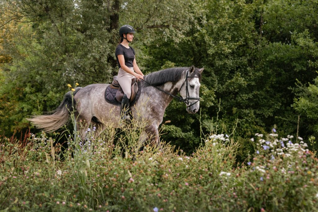 woman wearing horse riding gear including a helmet and boots while she rides her horse on a trail that meanders through a field of wildflowers