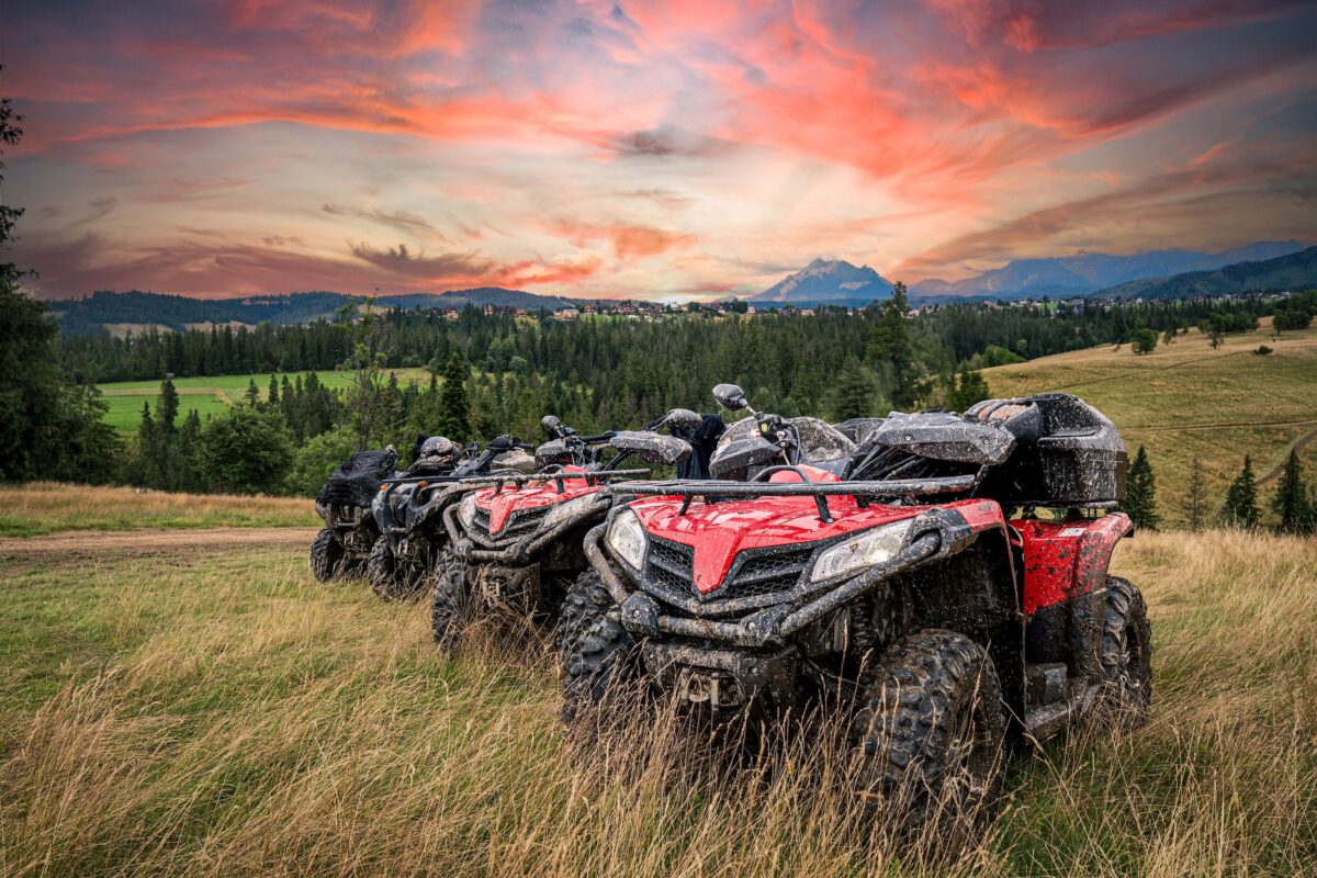 row of atv four wheelers at difference cost and price points lined up on the grass in a mountain landscape during sunset