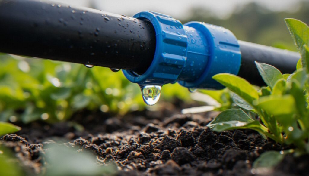 water dripping down from a drip line onto the soil surrounding plants