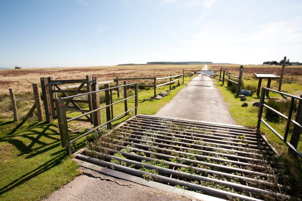 cattle guard on a ranch road with a gate in the background