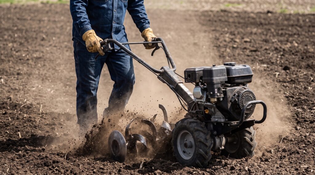 person pushing a rotary tiller across a field of dirt